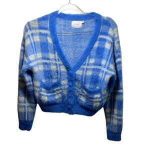 Lush Baby Blue White Plaid Cropped Cozy Eccletic Fuzzy Plush Cardigan Womens S